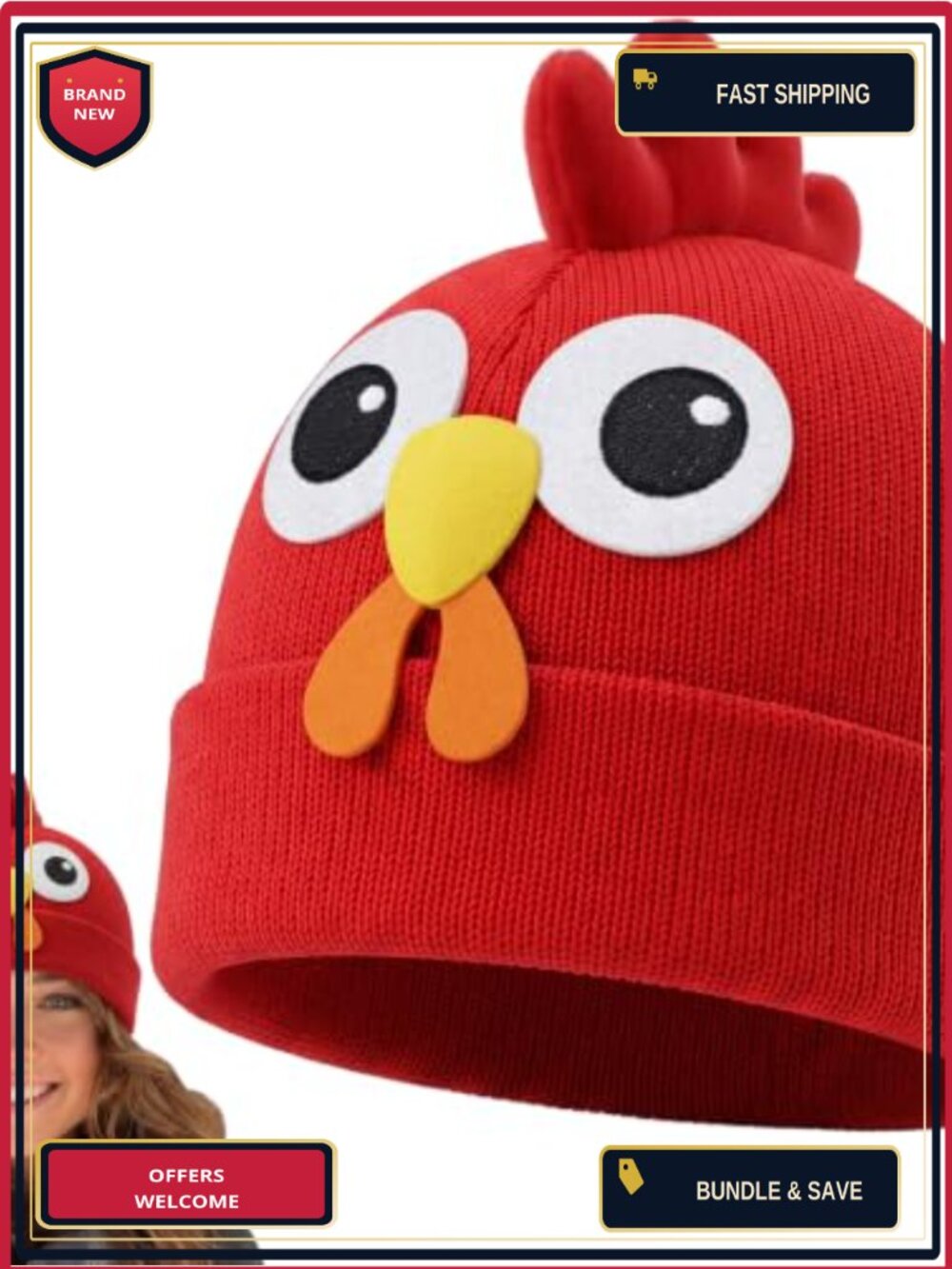 Rooster Knit Winter Hat One Size Felt Animal Beanie